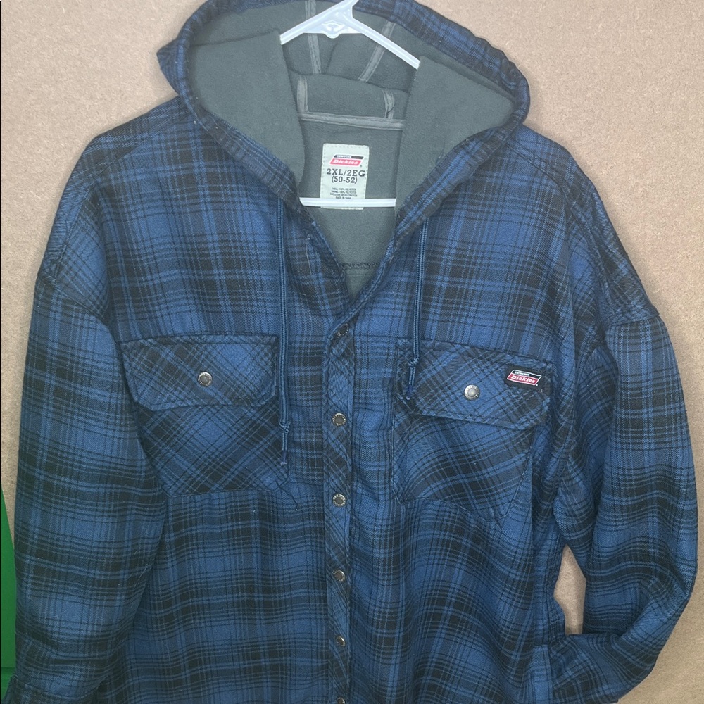 Dickies Hooded Fleece Lined Button Up Shirt Jacket Blue Black Plaid Size 2XL